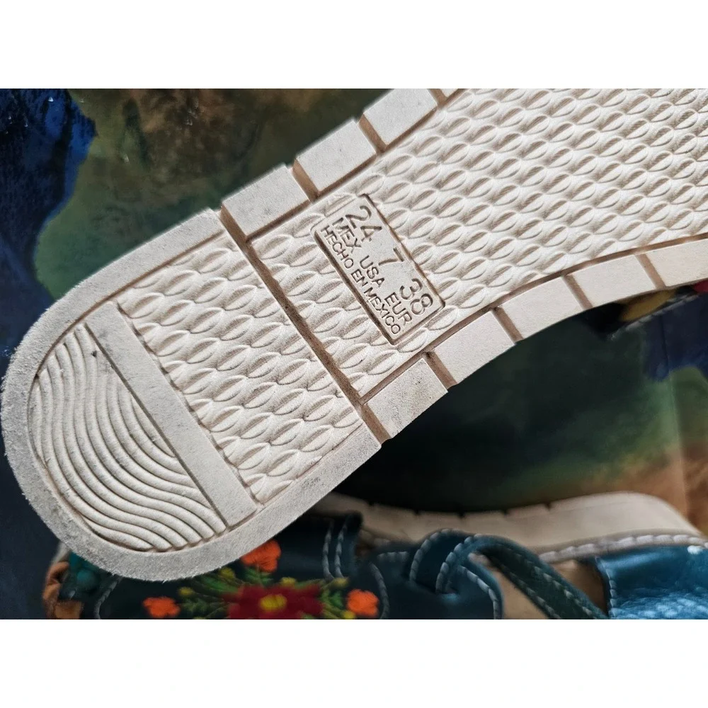 Mexican Huarache Sandals Teal Leather Floral Embroidered Woven Flats Womens 7 38